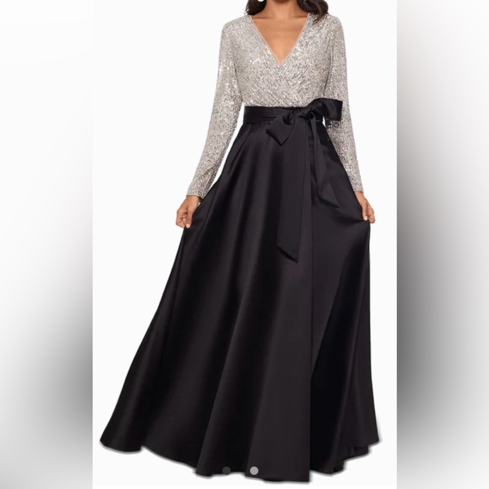 NWT Xscape V-NECK LONG SLEEVE SEQUIN TOP WAISTBAND WITH BOW GOWN 14 Petite